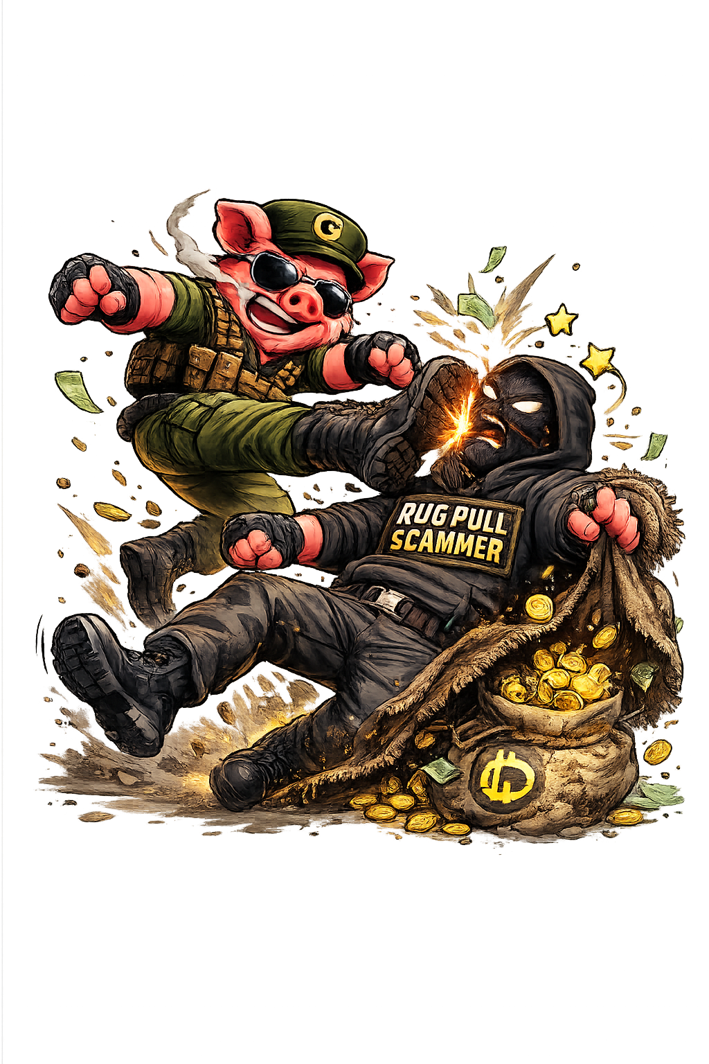 General GunoPig delivering a flying kick to a scammer wearing a RUG PULL SCAMMER patch